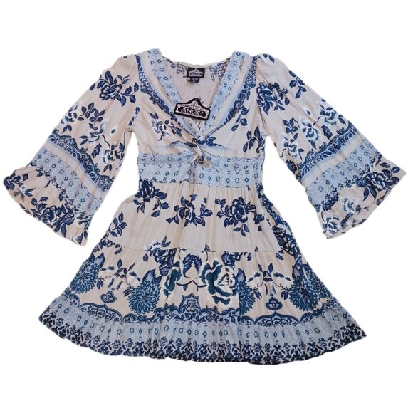 Angie Womens Size Medium Dress Boho Short Keyhole Blue Long Sleeve Ladies M - Picture 2 of 12